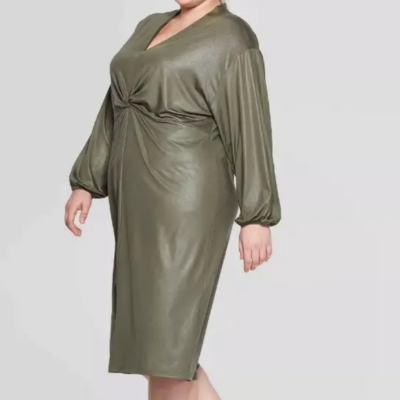 Prologue twist-front stretchy shiny dress olive green sz S - Picture 3 of 8